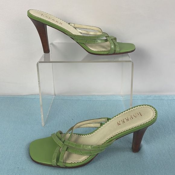 Ralph Lauren Green Strappy Wood Heels - Picture 2 of 8